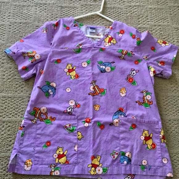 Disney Womens Medical Scrub Top Winnie the Pooh Tigger Eeyore Piglet Purple - Picture 4 of 11